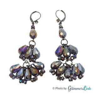 Iridescent Purple Crystal Tiered Long Dangle Pierced Earrings